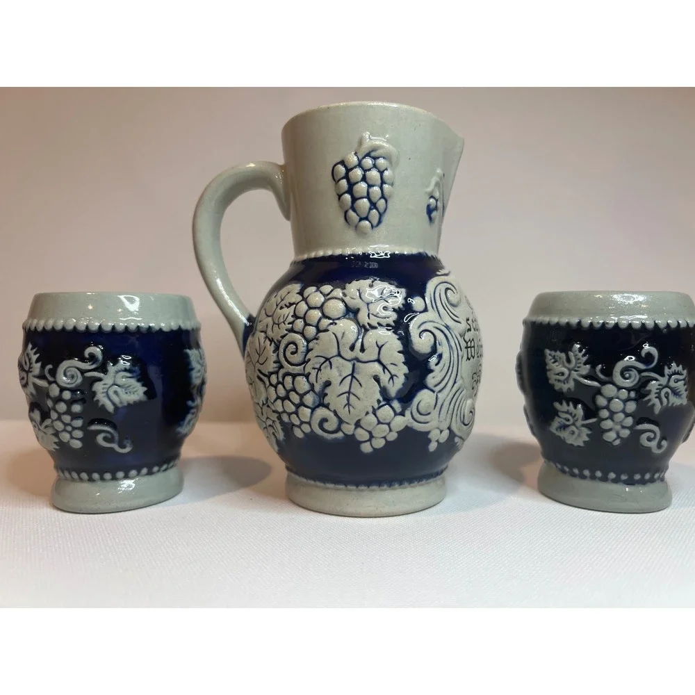 German Wine Set Cobalt Blue Salt Glazed Stoneware 5